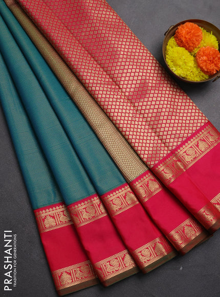 Semi kanchipuram silk saree teal green and pink with allover vairosi pattern and rettapet zari woven korvai border