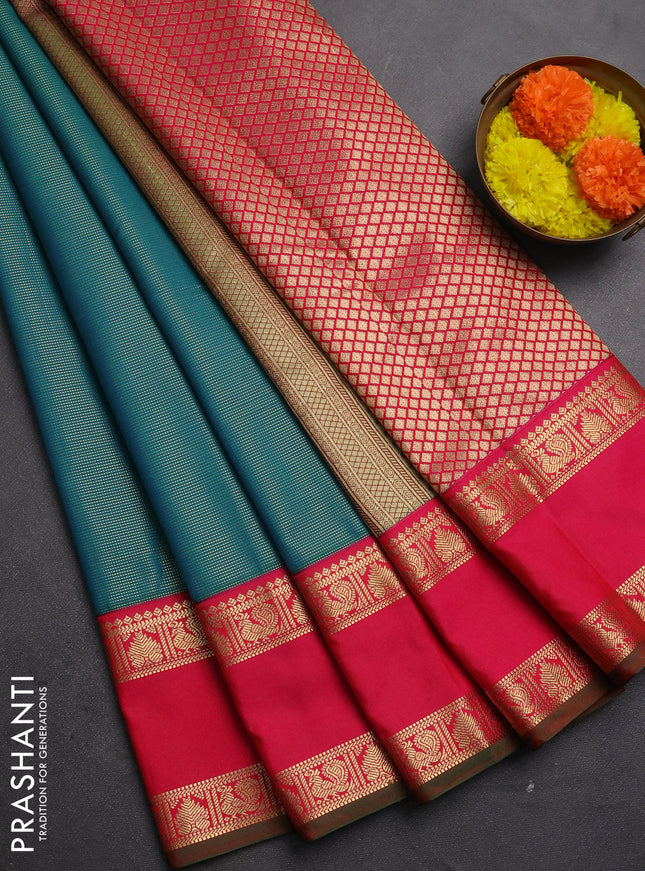 Semi kanchipuram silk saree teal green and pink with allover vairosi pattern and rettapet zari woven korvai border