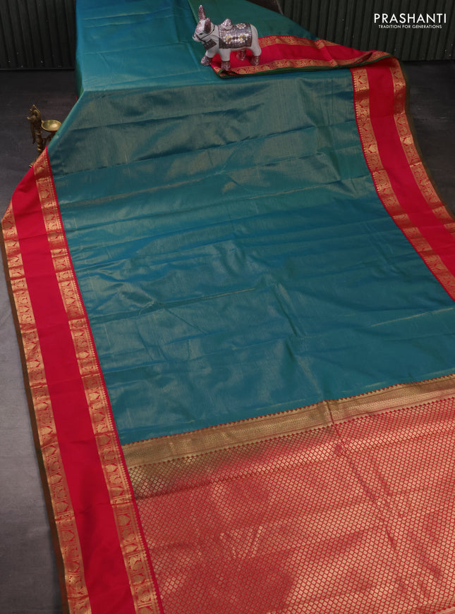 Semi kanchipuram silk saree teal green and pink with allover vairosi pattern and rettapet zari woven korvai border