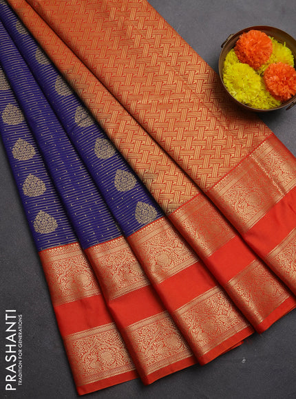 Semi kanchipuram silk saree navy blue and orange with allover zari weaves & buttas and long rettapet zari woven border