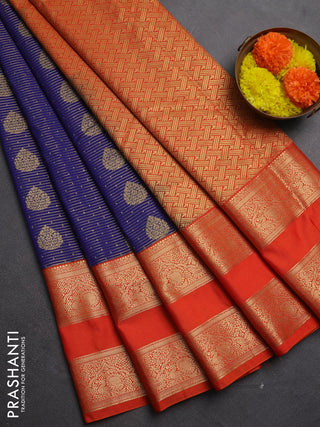 Semi kanchipuram silk saree navy blue and orange with allover zari weaves & buttas and long rettapet zari woven border