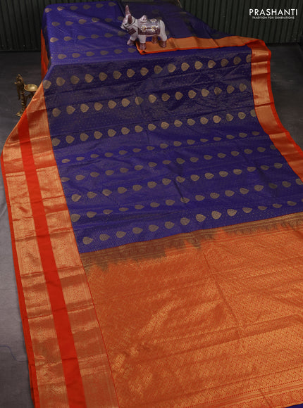 Semi kanchipuram silk saree navy blue and orange with allover zari weaves & buttas and long rettapet zari woven border