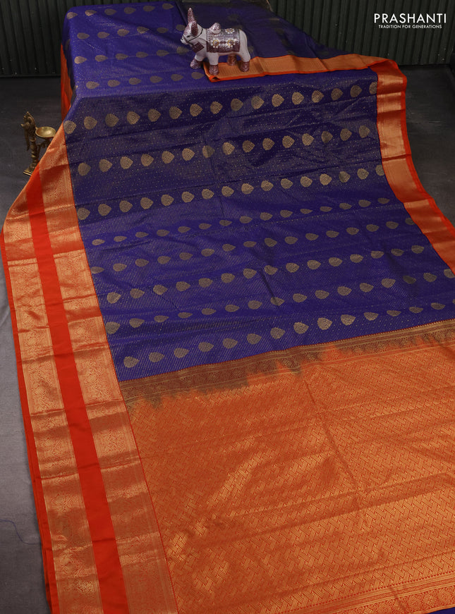 Semi kanchipuram silk saree navy blue and orange with allover zari weaves & buttas and long rettapet zari woven border