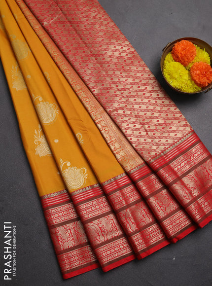 Semi kanchipuram silk saree mustard yellow and red with zari woven buttas and zari woven korvai border