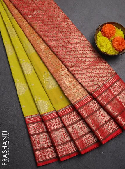 Semi kanchipuram silk saree lime green and red with zari woven buttas and zari woven korvai border