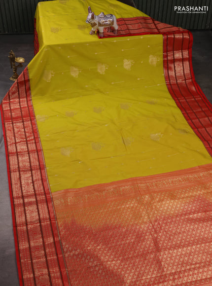 Semi kanchipuram silk saree lime green and red with zari woven buttas and zari woven korvai border