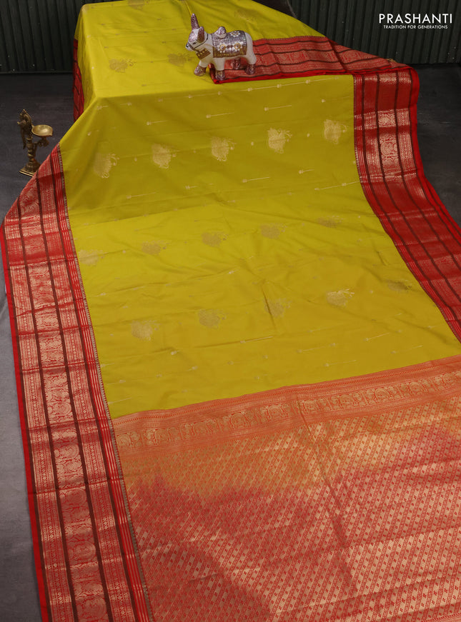 Semi kanchipuram silk saree lime green and red with zari woven buttas and zari woven korvai border