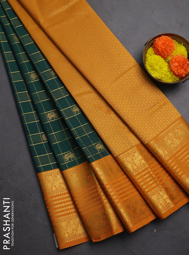 Semi kanchipuram silk saree bottle green and mustard yellow with allover zari checks & buttas and zari woven border