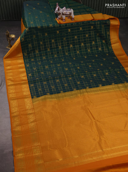 Semi kanchipuram silk saree bottle green and mustard yellow with allover zari checks & buttas and zari woven border