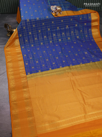 Semi kanchipuram silk saree dual shade of bluish green and dark mustard with allover zari checks & buttas and long zari woven border