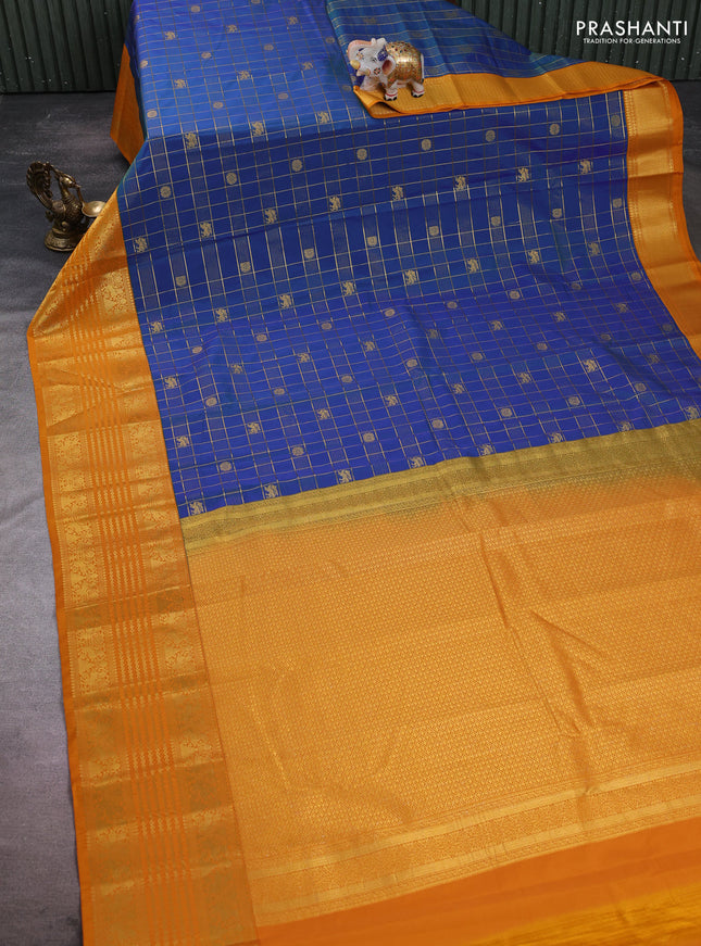 Semi kanchipuram silk saree dual shade of bluish green and dark mustard with allover zari checks & buttas and long zari woven border