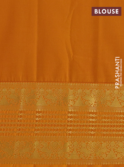 Semi kanchipuram silk saree dual shade of bluish green and dark mustard with allover zari checks & buttas and long zari woven border