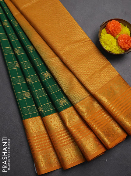 Semi kanchipuram silk saree green and mustard yellow with allover zari checks & buttas and long zari woven border