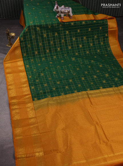 Semi kanchipuram silk saree green and mustard yellow with allover zari checks & buttas and long zari woven border