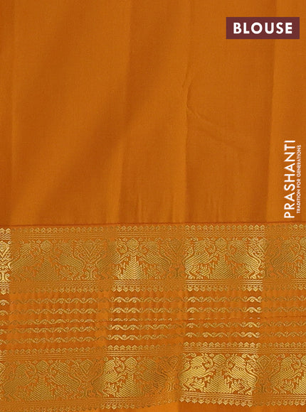 Semi kanchipuram silk saree dual shade of teal green and dark mustard with allover zari checks & buttas and long zari woven border