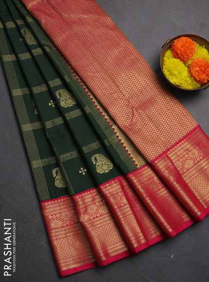 Semi kanchipuram silk saree sap green and pink with allover zari checks & buttas and zari woven korvai border