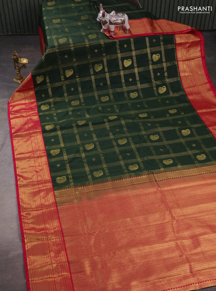 Semi kanchipuram silk saree sap green and pink with allover zari checks & buttas and zari woven korvai border