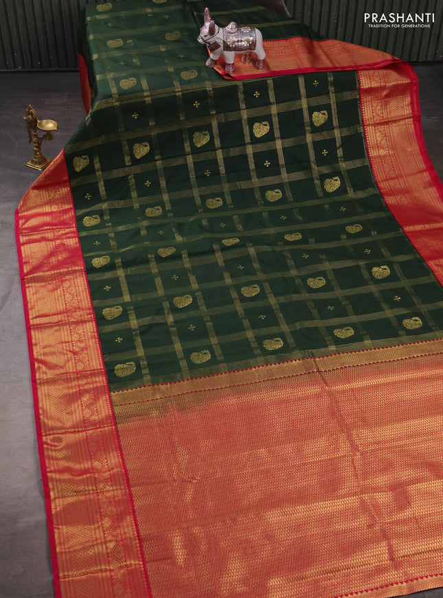 Semi kanchipuram silk saree sap green and pink with allover zari checks & buttas and zari woven korvai border