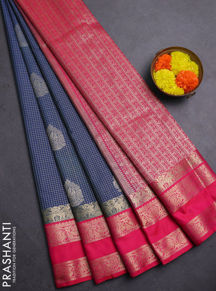 Semi kanchipuram silk saree peacock blue and pink with allover zari checks & buttas and rettapet zari woven korvai border