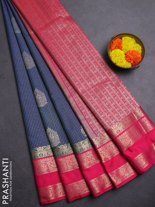 Semi kanchipuram silk saree peacock blue and pink with allover zari checks & buttas and rettapet zari woven korvai border