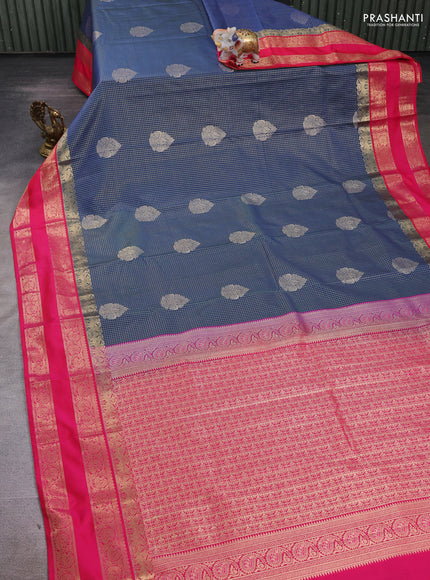 Semi kanchipuram silk saree peacock blue and pink with allover zari checks & buttas and rettapet zari woven korvai border