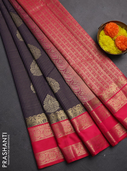 Semi kanchipuram silk saree deep purple and pink with allover zari checks & buttas and rettapet zari woven korvai border