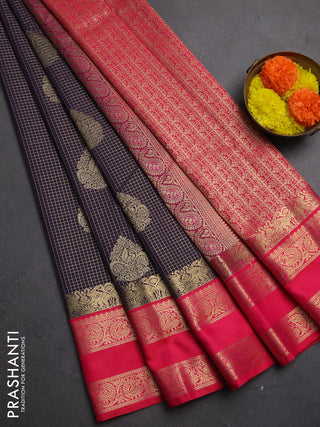 Semi kanchipuram silk saree deep purple and pink with allover zari checks & buttas and rettapet zari woven korvai border