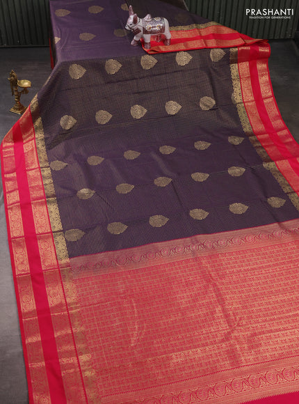 Semi kanchipuram silk saree deep purple and pink with allover zari checks & buttas and rettapet zari woven korvai border