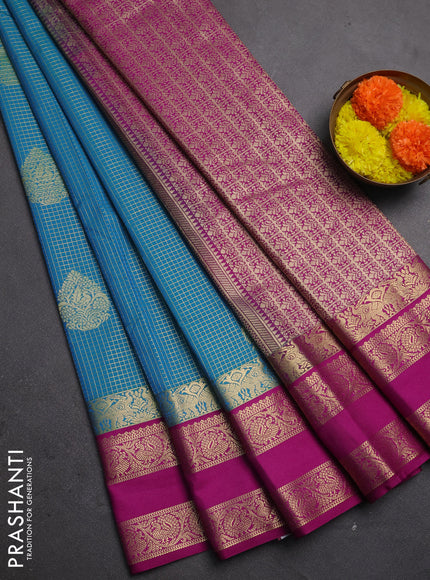 Semi kanchipuram silk saree teal blue and magenta pink with allover zari checks & buttas and rettapet zari woven korvai border