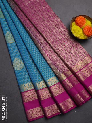 Semi kanchipuram silk saree teal blue and magenta pink with allover zari checks & buttas and rettapet zari woven korvai border