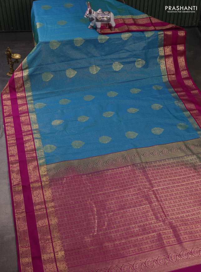 Semi kanchipuram silk saree teal blue and magenta pink with allover zari checks & buttas and rettapet zari woven korvai border