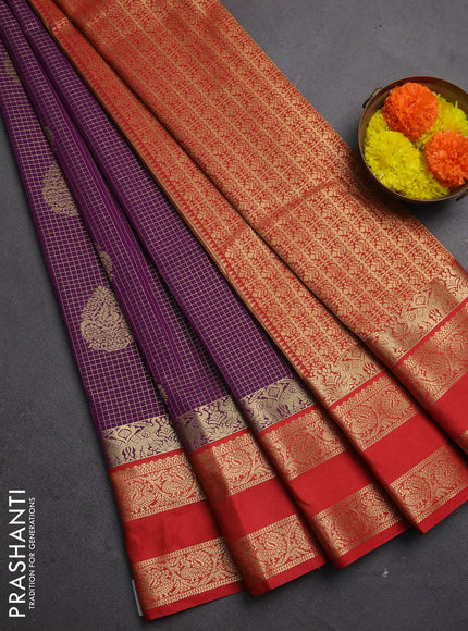 Semi kanchipuram silk saree purple and red with allover zari checks & buttas and rettapet zari woven korvai border