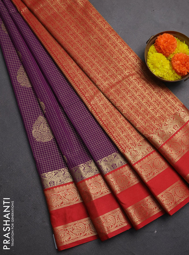 Semi kanchipuram silk saree purple and red with allover zari checks & buttas and rettapet zari woven korvai border