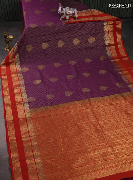 Semi kanchipuram silk saree purple and red with allover zari checks & buttas and rettapet zari woven korvai border