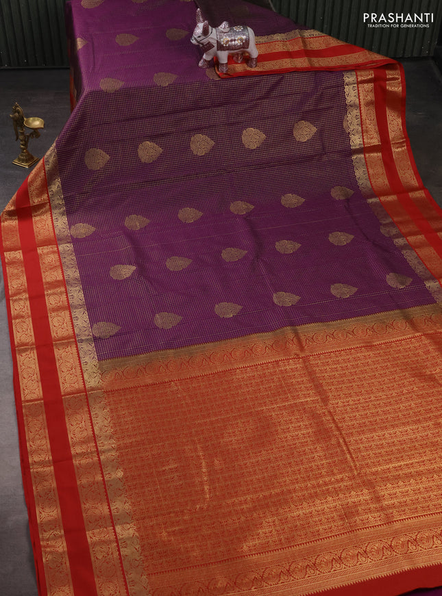 Semi kanchipuram silk saree purple and red with allover zari checks & buttas and rettapet zari woven korvai border