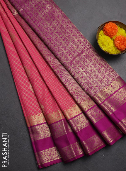 Semi kanchipuram silk saree pink and purple with allover zari checks & buttas and rettapet zari woven korvai border