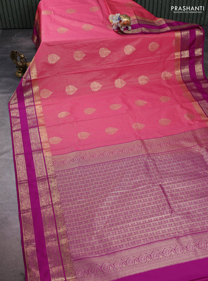 Semi kanchipuram silk saree pink and purple with allover zari checks & buttas and rettapet zari woven korvai border