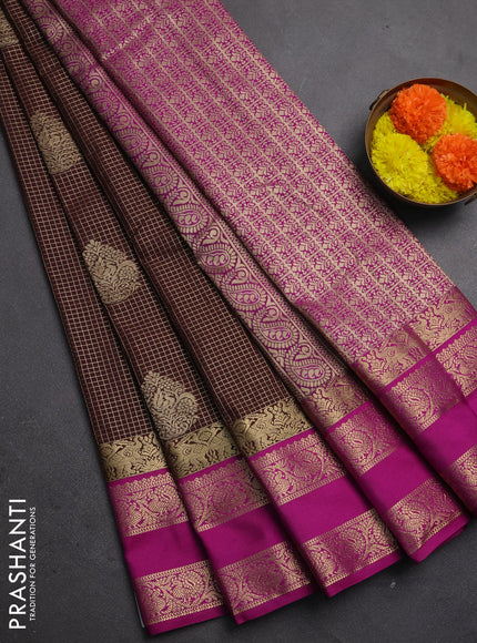 Semi kanchipuram silk saree coffee brown and purple with allover zari checks & buttas and rettapet zari woven korvai border
