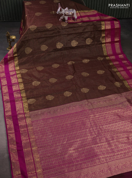 Semi kanchipuram silk saree coffee brown and purple with allover zari checks & buttas and rettapet zari woven korvai border