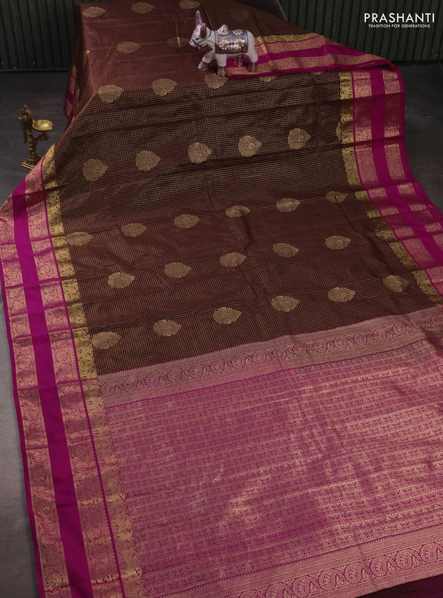 Semi kanchipuram silk saree coffee brown and purple with allover zari checks & buttas and rettapet zari woven korvai border