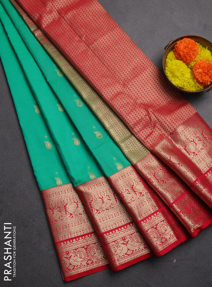 Semi kanchipuram silk saree teal green and tomato pink with zari woven buttas and long zari woven border
