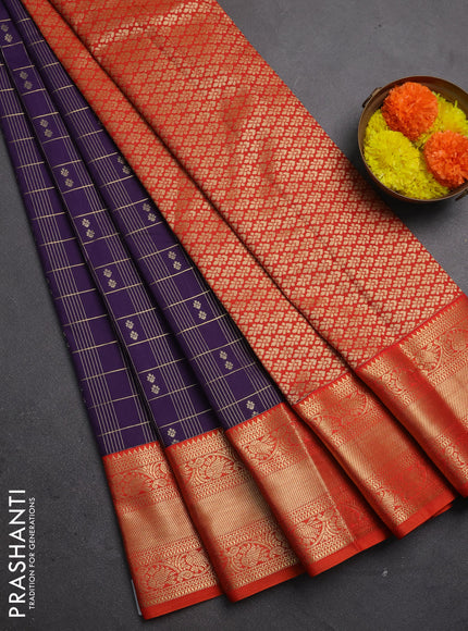 Semi kanchipuram silk saree purple and orange with allover zari checks & buttas and zari woven korvai border