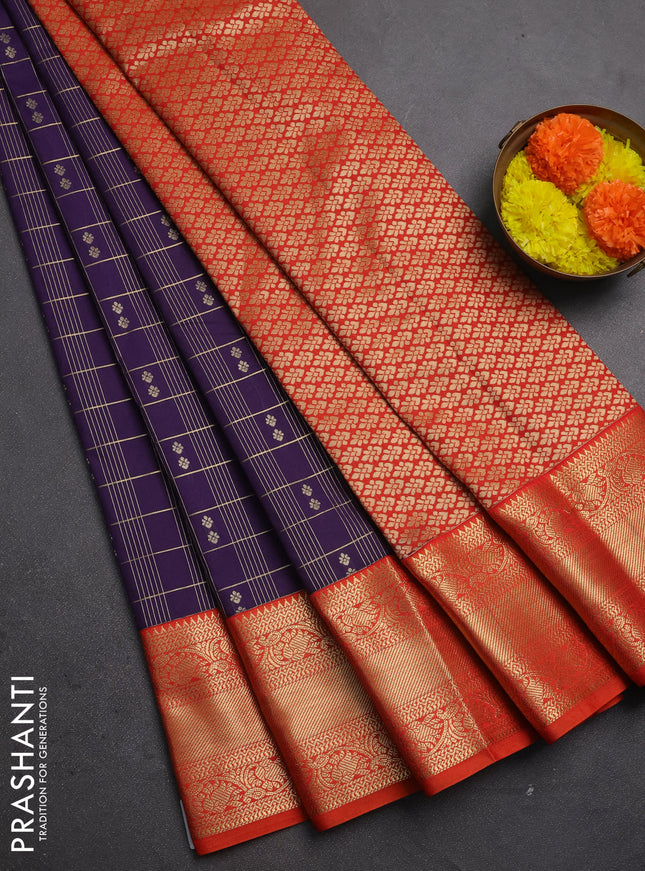 Semi kanchipuram silk saree purple and orange with allover zari checks & buttas and zari woven korvai border