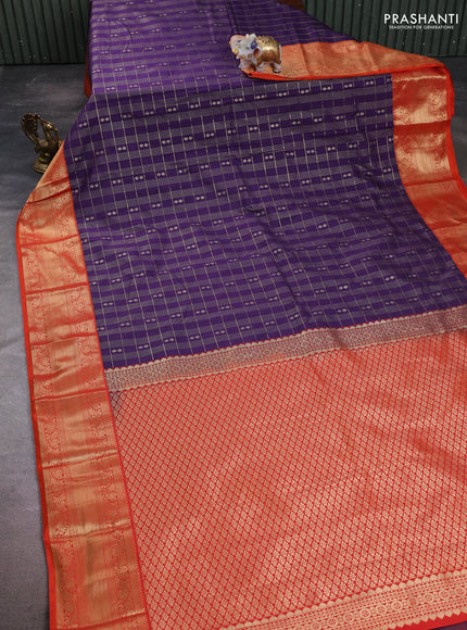 Semi kanchipuram silk saree purple and orange with allover zari checks & buttas and zari woven korvai border
