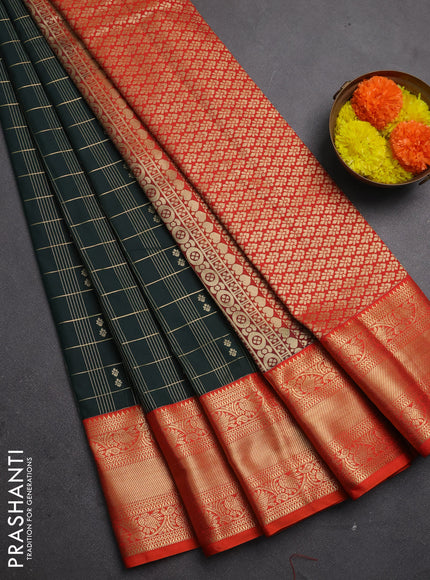 Semi kanchipuram silk saree bottle green and orange with allover zari checks & buttas and zari woven korvai border