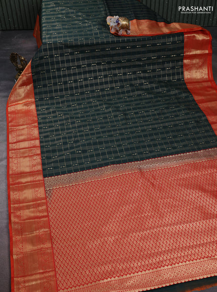 Semi kanchipuram silk saree bottle green and orange with allover zari checks & buttas and zari woven korvai border