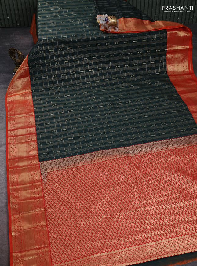 Semi kanchipuram silk saree bottle green and orange with allover zari checks & buttas and zari woven korvai border