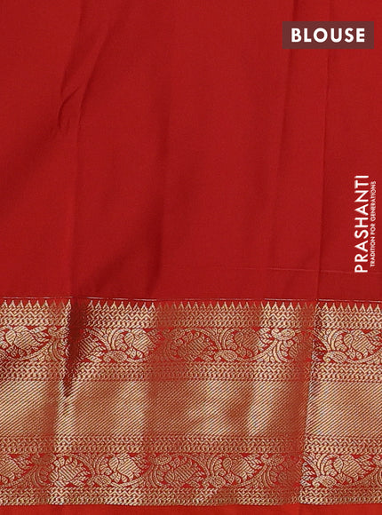 Semi kanchipuram silk saree bottle green and orange with allover zari checks & buttas and zari woven korvai border