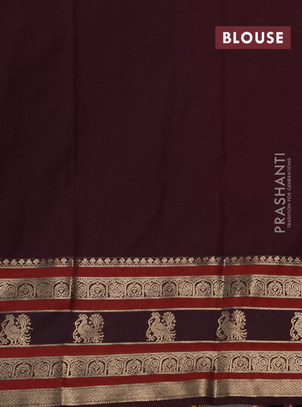Semi kanchipuram silk saree mustard yellow and wine shade with zari woven buttas and long zari woven korvai border