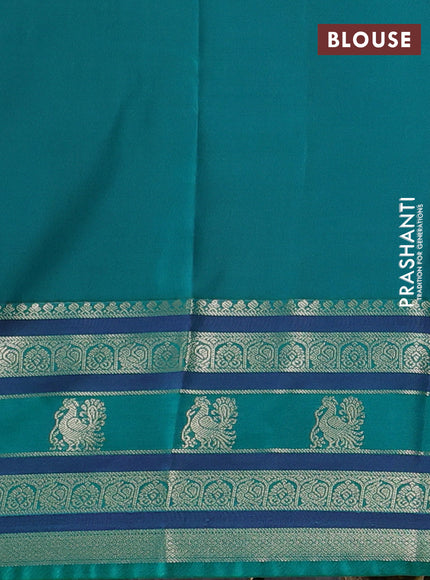 Semi kanchipuram silk saree beige and teal green with zari woven buttas and long zari woven korvai border
